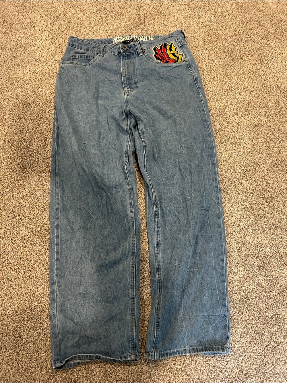 Men's Relaxed Blue Denim Jeans with Flame Accent